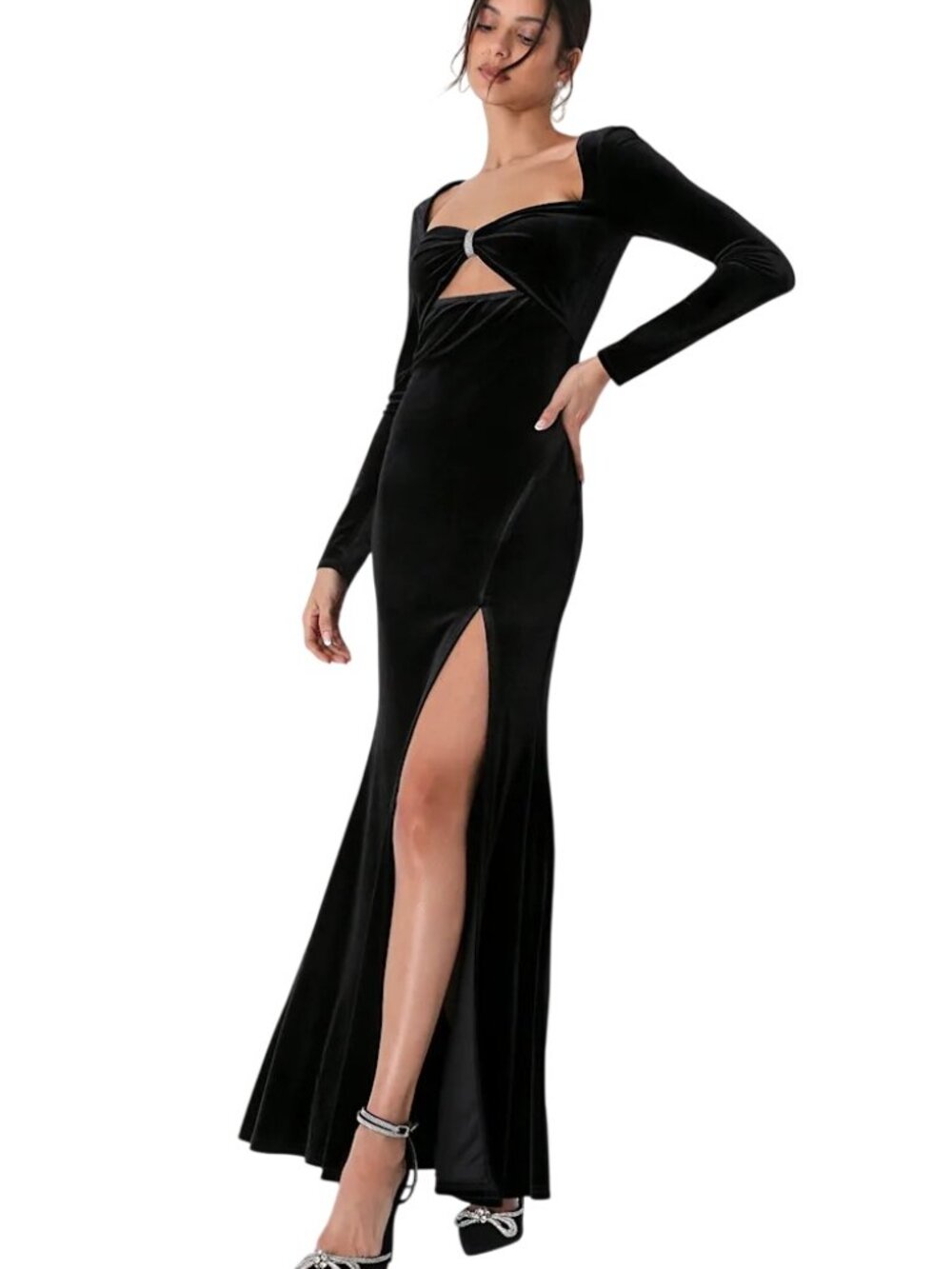 Lulus Hollywood Heyday Black Velvet Long Sleeve Mermaid Maxi Dress Womens Size M